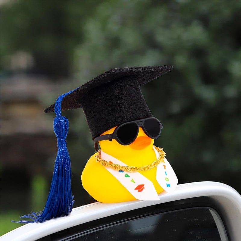 wonuu Graduation Stole Rubber Ducks, Dashboard Decorations Duck for Car Ornament Accessories with Hat Sunglasses Sash Chain (Dark Blue) - Image 3